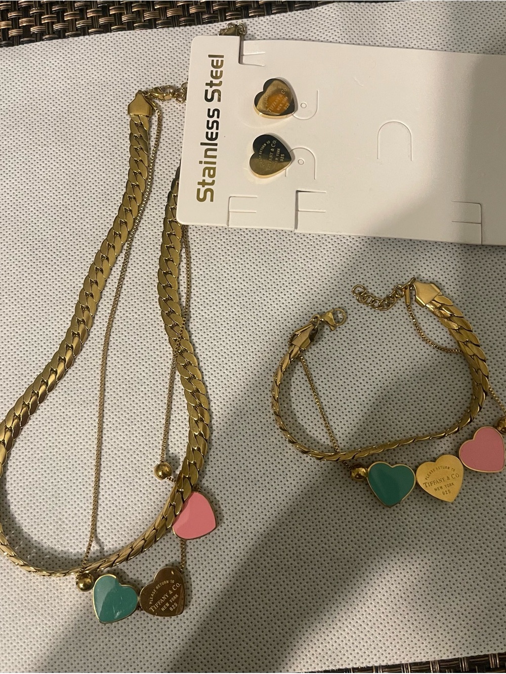 Gold Heart Pendant Necklace and Bracelet Set with Pink and Green Enamel Hearts
